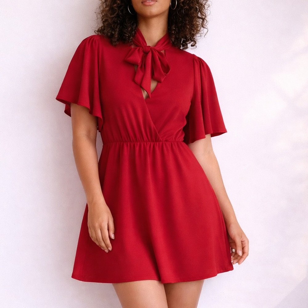 Alice + Olivia Red Bow Neck Mini Dress | Flutter Sleeve | Fit & Flare